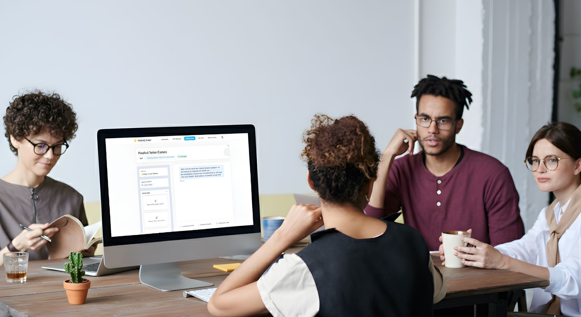 A team of creative professionals gathered around a laptop